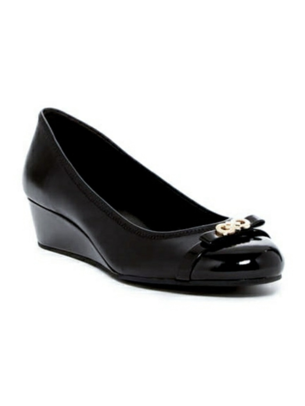 Cole Haan ELSIE Bow Patent Leather Wedge Heel Shoe Ballet Ballerina Gold Logo xo